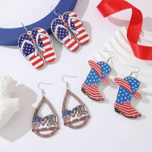 Wholesale 1 Pair Novelty Streetwear Water Droplets American Flag Boots Wood Drop Earrings