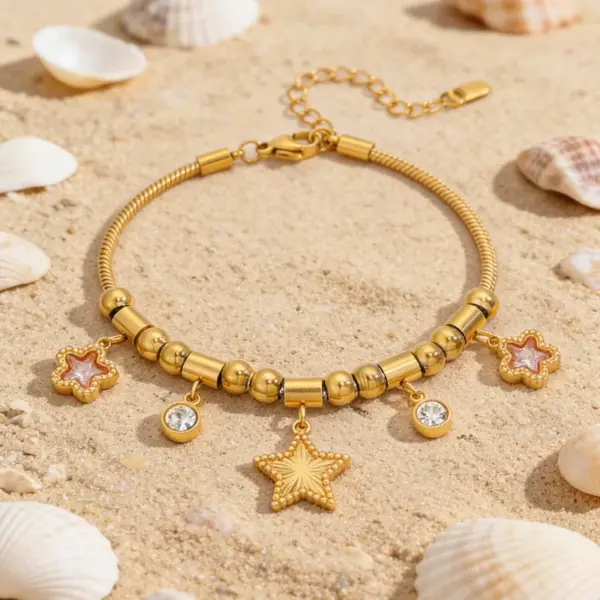 oly-82f642d88a24c785e8f7e39fe016fdc9 Wholesale Star Waterproof Couple Bracelets In 304 Stainless Steel With 18K Gold Plated Finish And Zircon Inlay On Snake Chain