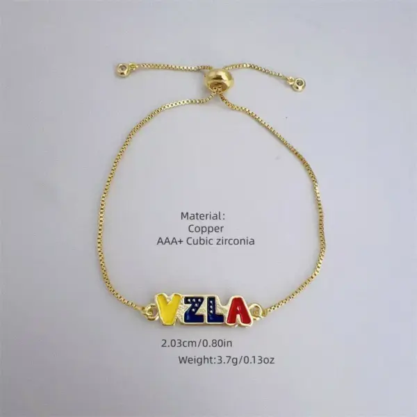 Wholesale Women’s National Flag Bracelet With Bezel Setting, PVD Coated Copper, 18K Real Gold Plated Slider Chain