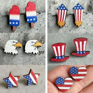 Wholesale American Independence Day Heart Shaped Round Flag Color Matched Sunflower Five Pointed Star Wooden Ear Studs Original Design