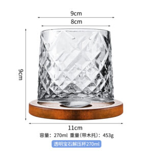 Transparent gemstone rotating whiskey glass with wooden holder