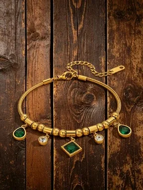 Wholesale Square Waterproof Couple Bracelets In 304 Stainless Steel With 18K Gold Electroplated And Zircon Inlay Snake Chain