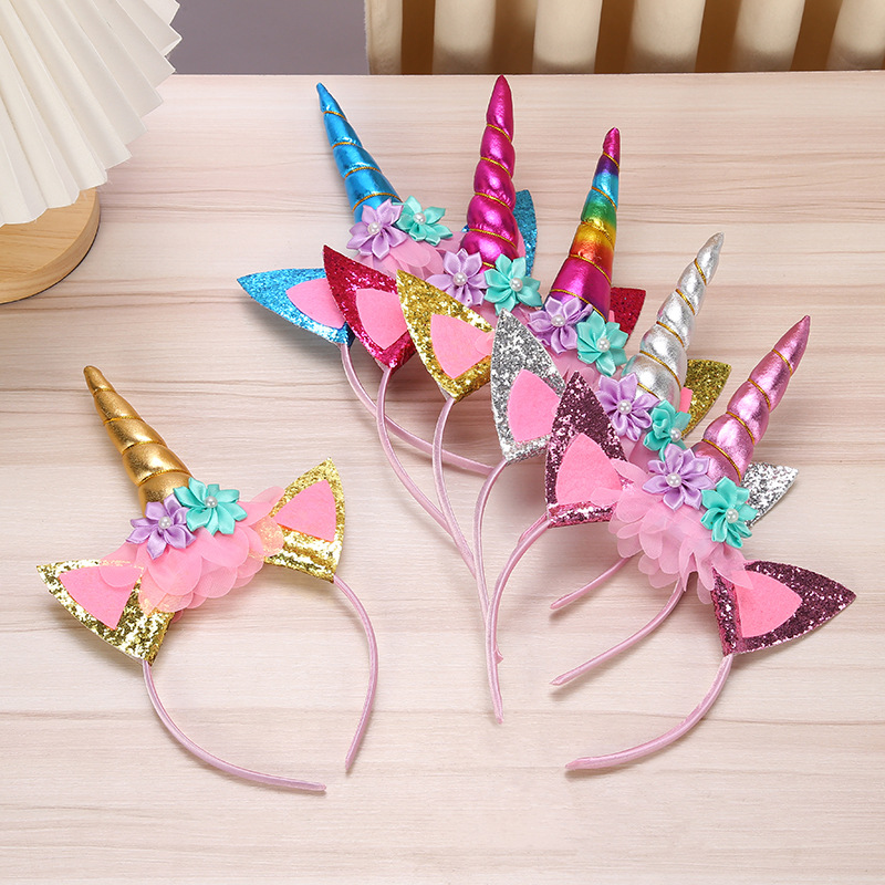 Wholesale Cross-border Unicorn Hairband European and American Birthday Holiday Party Hairband Fashion Dream Sequin Flower Children's Hairband