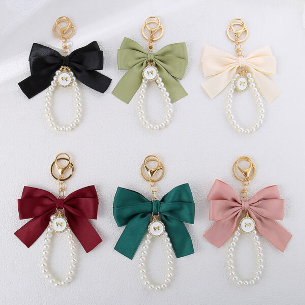 Wholesale Large Pearl Bow Keychain Pendant Handmade Colorfulful Webbing Cloth Knot Accessories Headphone Set Bag Decoration