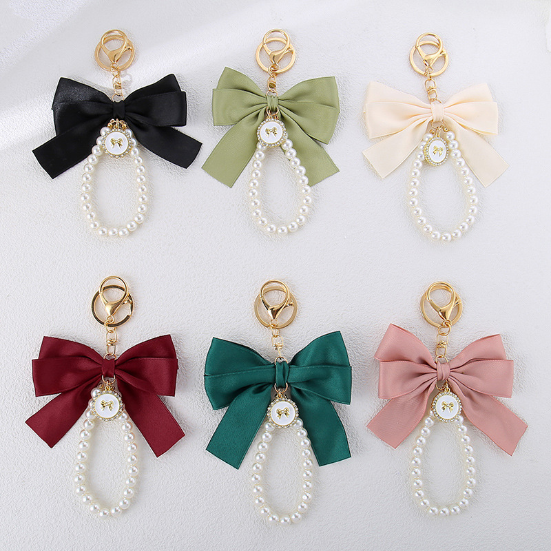 Wholesale New Large Pearl Bow Keychain Pendant Handmade Colorfulful Webbing Cloth Knot Accessories Headphone Set Bag Decoration