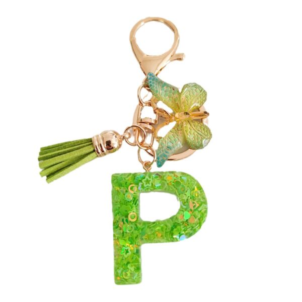 Wholesale 26 English Alphabet Keychain Pendant Green Star Glitter Resin Pendant Personality Key Chain