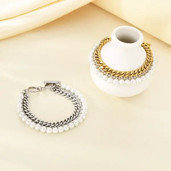 Wholesale 18K Gold Plated Fashion 304 Stainless Steel Layered Zircon Chain Shell Bead Bracelet For Women Unisex Style OT Clasp Jewelry