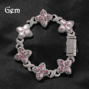 Wholesale Brass inlaid zircon hip-hop rap chain four-leaf clover bracelet zircon colored necklace