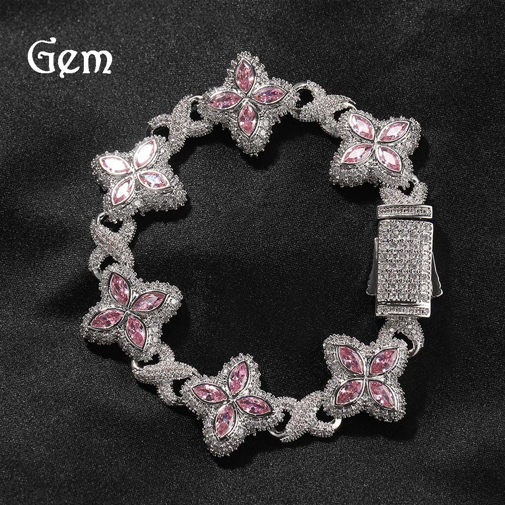Wholesale Brass inlaid zircon hip-hop rap chain four-leaf clover bracelet zircon colored necklace
