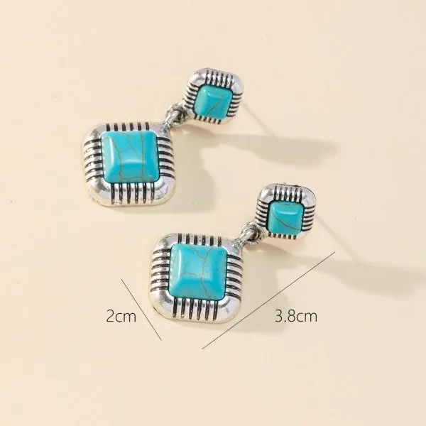 Wholesale Fashion Retro Turquoise Women's Earrings Ethnic Style Jewelry Square Design Alloy Cat Attraction Charm Gold Frog Design Stud Earrings