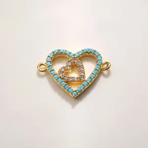 A984 Gold Blue and White Zircon Double Pendant Heart