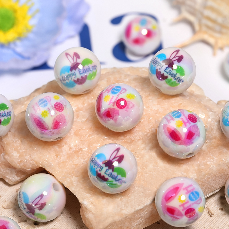 Wholesale cross-border easter bunny printed round bead letters resurrection egg cartoon beaded diy mobile phone chain keychain beads