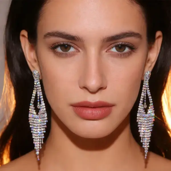 Wholesale Elegant Long Rhinestone Earrings With Tassels, Geometric Design For Women, Bridal Wedding Silver-Plated Water Drop Earrings