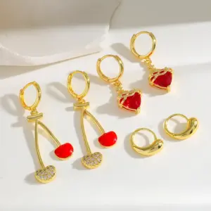Wholesale 18K Gold Plated Copper Zircon Cherry Heart Oil Drop Art Earrings For Women