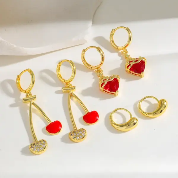 Wholesale 18K Gold Plated Copper Zircon Cherry Heart Oil Drop Art Earrings For Women