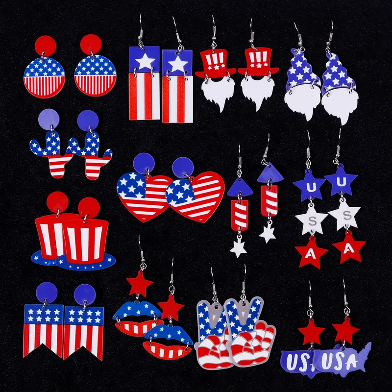 Wholesale Independence Day USA Beautiful Earrings Acrylic Heart Pattern Ethnic Style Star Craft Unisex Jewelry Accessories