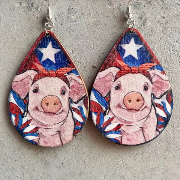 Wholesale Fun Design Wooden Animal Earrings Patriotic Farm Pig Dog Cow Wooden Studs Unique Style Jewelry Accessories