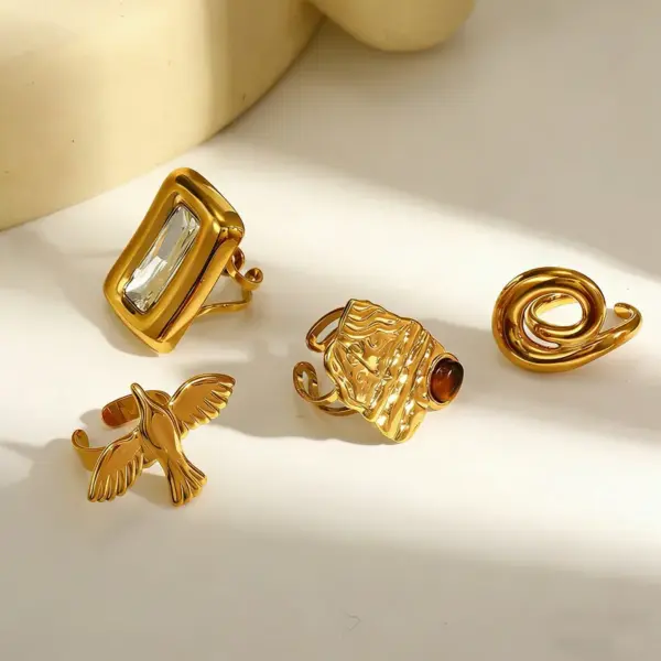 Wholesale Geometric Open Rings For Women In 304 Stainless Steel With Electroplated 18K Real Gold PVD Coating And Tiger Eye Inlay