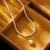 Wholesale Double Layer Pearl Necklace Titanium Steel Geometric Women's Collarbone Chain Rose Gold Plated