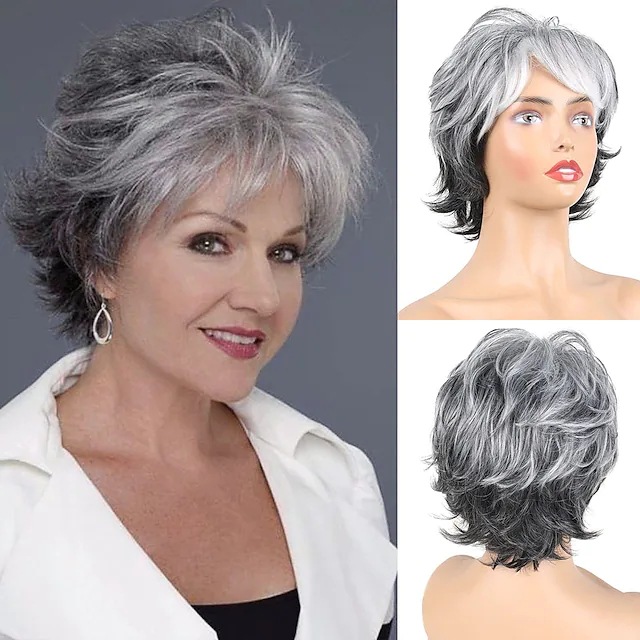 Wholesale European and American Foreign Trade Old People's Wig Gradient Grey White White Wig Headgear Women's Short Roll Chemical Fiber Headgear