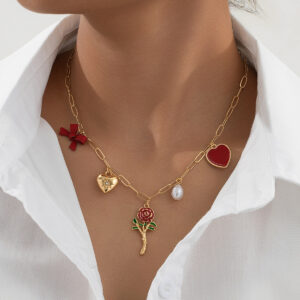 Wholesale 1 fashion simple temperament elegant woman metal red love artificial pearl bow necklace for women