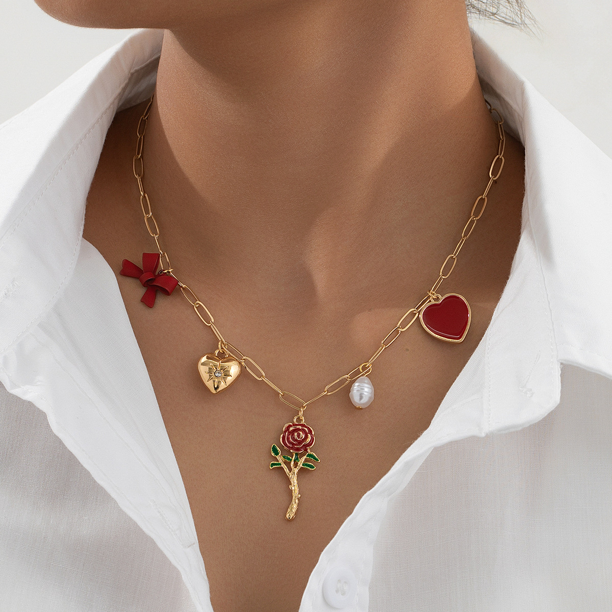 Wholesale 1 fashion simple temperament elegant woman metal red love artificial pearl bow necklace for women