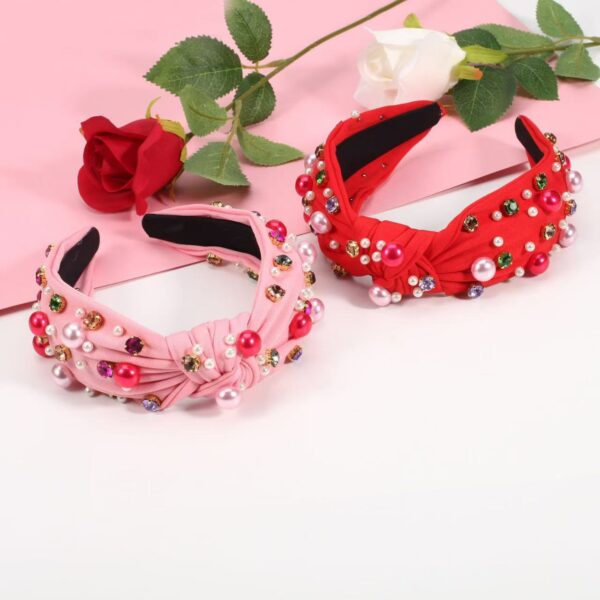 Wholesale  Diamond-encrusted Valentine's Day Hair Hoop Women's Fashionable Elegant Wide-brimmed Knot Pearl Headband  All-match Hair Accessories