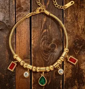 Wholesale Square Waterproof Couple Bracelets 304 Stainless Steel 18K Gold Plated Zircon Inlay Snake Chain
