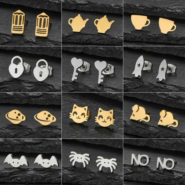 Wholesale 18K Gold Plated New 304 Stainless Steel Cut Gold Steel Color Irregular Mini Women's Small Animal Earrings