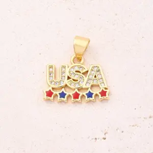 White Zircon Letter USA Pendant (Gold) / 12.5 X17mm (Aperture: 5 X3.5mm) / 1 Pc/Package