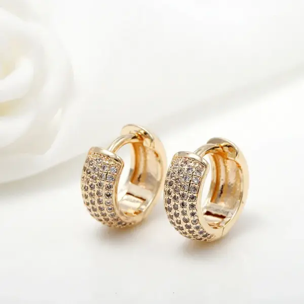 Wholesale Round Clip Earrings For Women With Bezel Setting, 14K Real Gold Plated Copper Featuring Zircon Inlay, Electroplated Finish