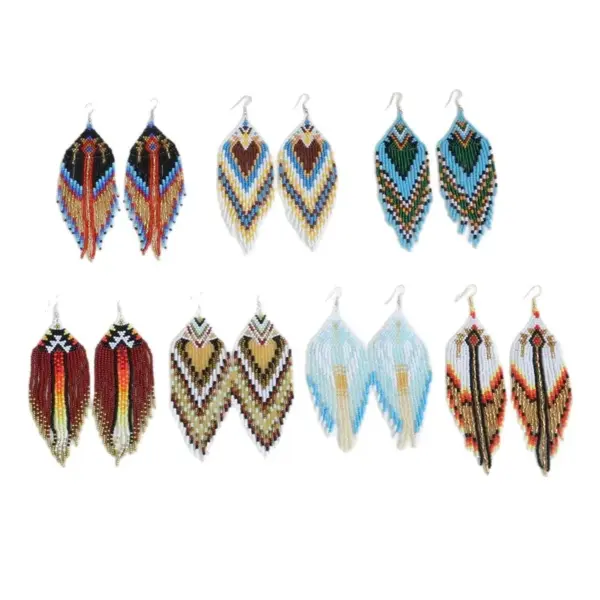 Wholesale Bohemian Long Tassel Earrings Handmade Beaded Women's Party Jewelry Geometric Shape Ethnic Style Triangle And Ring Craft