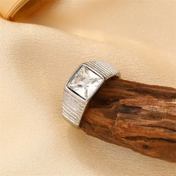 Wholesale Geometric Women’s Rings In 304 Stainless Steel With Waterproof Non Tarnish PVD Coated White K Plated Finish And Zircon Inlay