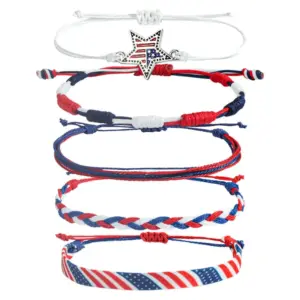 Wholesale Hand-woven Bracelet American Independence Day Flag Stars Hand-knotted Rope Red White Blue Geometric Alloy Unisex