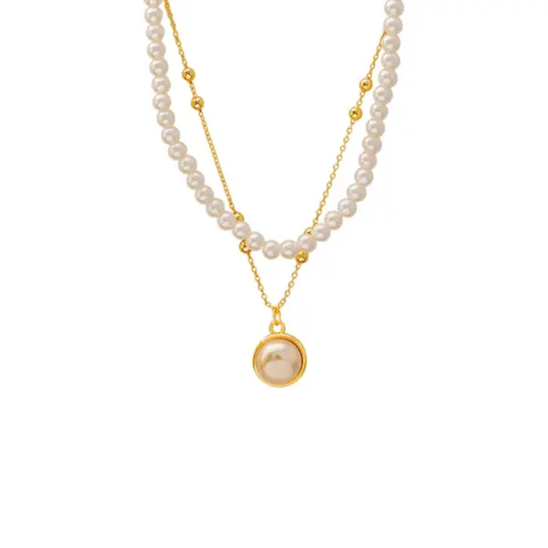 Wholesale Double Layer Pearl Necklace Titanium Steel Geometric Women's Collarbone Chain Rose Gold Plated