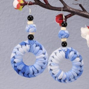Wholesale Yunnan Fabric Earrings Tie-Dye Blue Dye Earrings Ethnic Style Disc Buckle Flower Blue Earrings Tie-Dye Earrings