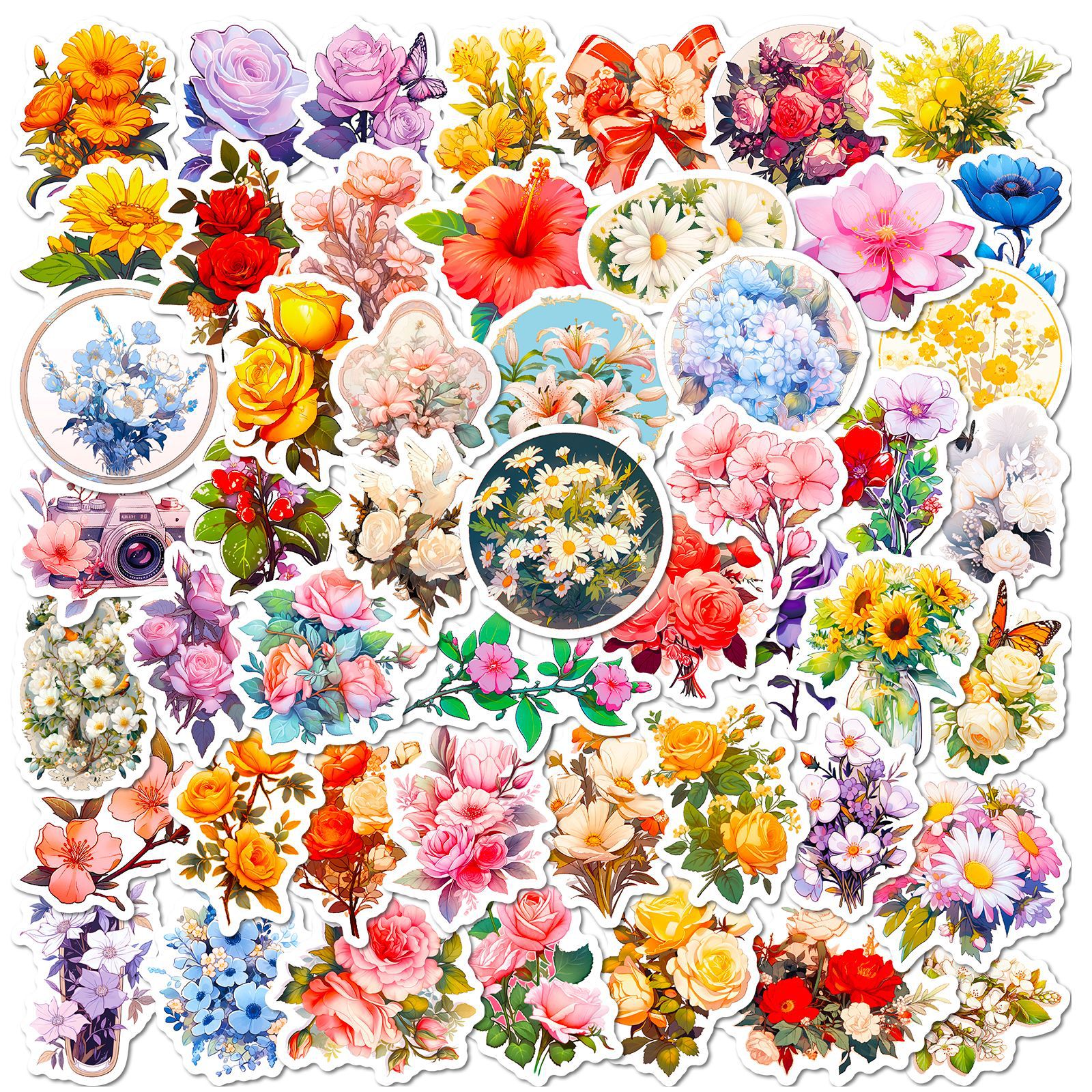 Wholesale Big Sale of 50 Retro Florals Cross-Border Graffiti Stickers Plant Flowers Cartoon Creative Handbook Stickers Export Best-Selling