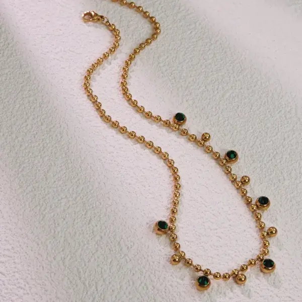 Wholesale 302 Stainless Steel 304 Stainless Steel Glass Round Ion Plating (IP) Artificial Rhinestones 18K Gold Plated Simple Style Classic Style Waterproof Non Tarnish Inlay Ball Chain Gold Necklace