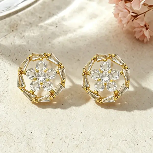 Wholesale Three-dimensional Flowers Stud Earrings For Women, Electroplated Copper With Golden Plated Finish And Zircon Inlay