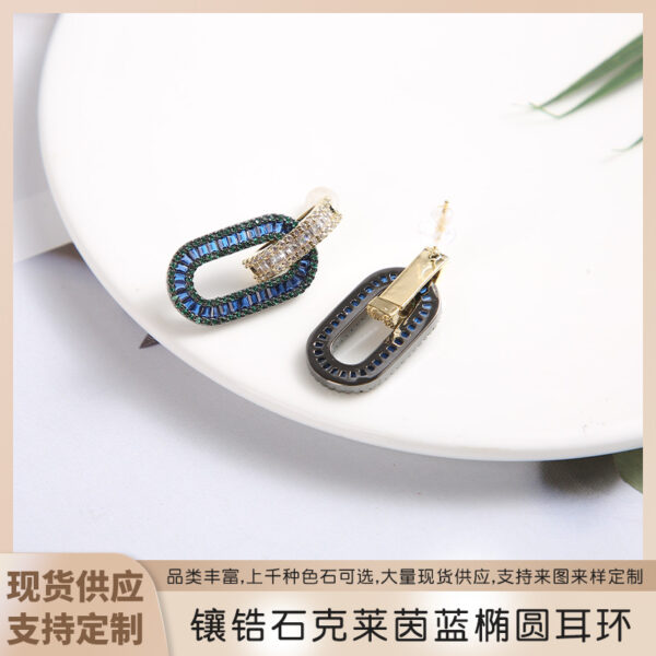 Wholesale  fashion simple gorgeous romantic inlaid zircon Rhine blue oval earrings for women Valentine's Day gift