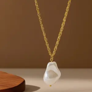 X0365- Broad Bean Pearl Necklace - Gold