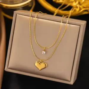 [Xlh343] Single Diamond Double Layers Loving Heart / Gold