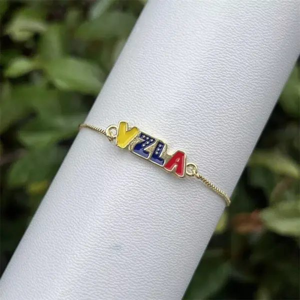 Wholesale Women’s National Flag Bracelet With Bezel Setting, PVD Coated Copper, 18K Real Gold Plated Slider Chain