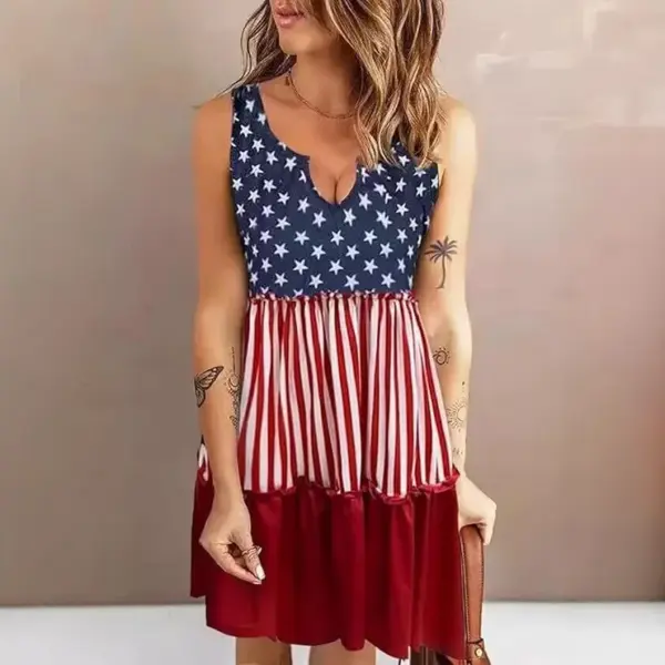 Wholesale American Flag Vintage Style Sleeveless Tank Dress With V Neck In Polyester For Casual Wear