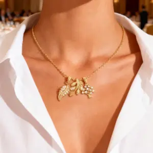 Wholesale 1 Piece Vintage Leaf Hollow Water Drop Plated Imitation Gold Zircon 304 Stainless Steel Winter Christmas Necklace Pendant