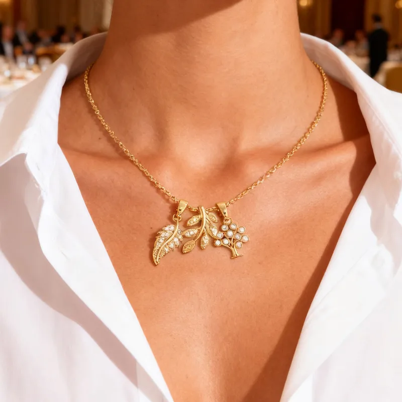 Wholesale 1 Piece Vintage Leaf Hollow Water Drop Plated Imitation Gold Zircon 304 Stainless Steel Winter Christmas Necklace Pendant
