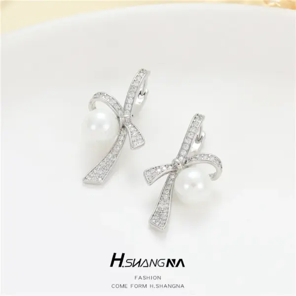 Wholesale Bow Tie Earrings For Women With Bezel Setting, Electroplated Copper And Zircon Inlay, Featuring 925 Sterling Silver Posts