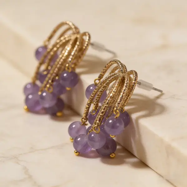 Wholesale Women’s Tassel Stud Earrings With Micro-Pavé Craft, 18K Real Gold Plated Brass Featuring February Birthstone Amethyst And UV Plating