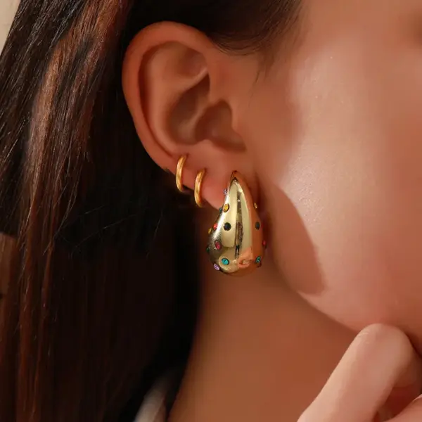 Wholesale 304 Stainless Steel Glass Water Droplets PVD Coated 18K Gold Plated Casual Classic Style Commute Inlay Gold Ear Studs