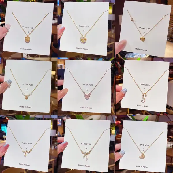 Wholesale Sweet Heart Shape Butterfly Bow Knot Titanium Steel Inlay Artificial Pearls Rhinestones Pendant Necklace 1 Piece
